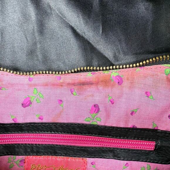 Vintage Y2K Betsey Johnson Black Leather Gold Toned Studded & Beaded Hobo Bag - Picture 10 of 14